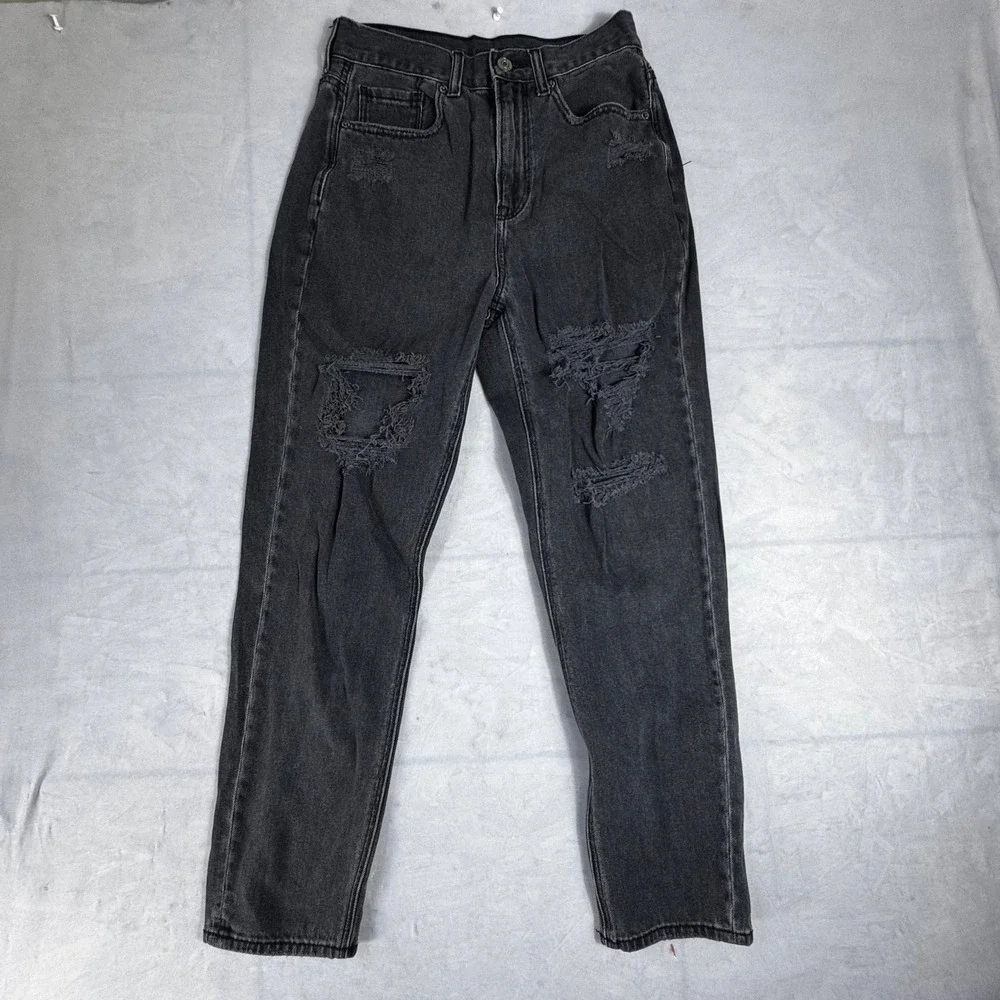 American Eagle Outfitters Womens Distressed Jeans Black Denim Tapered Leg 2‎ Reg